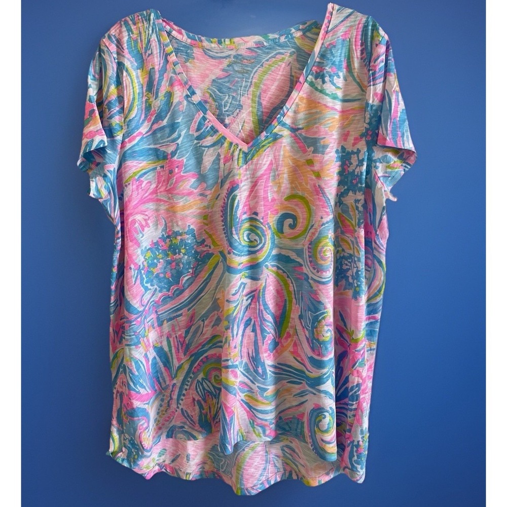 New Lilly Pulitzer Etta Top V Neck T Shirt Knit Size XL Carnival Coral X Large - Picture 2 of 9